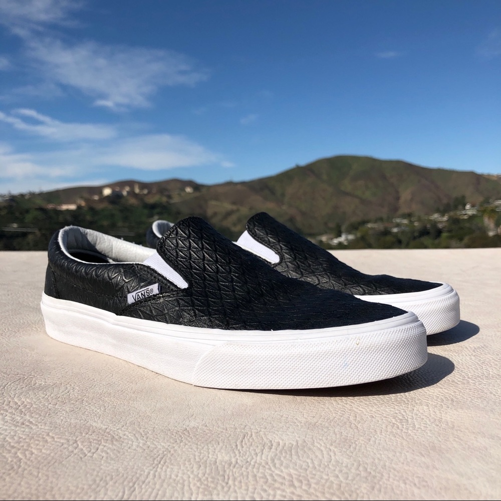 VANS Black Reptile Skin Leather Platform Slip-Ons